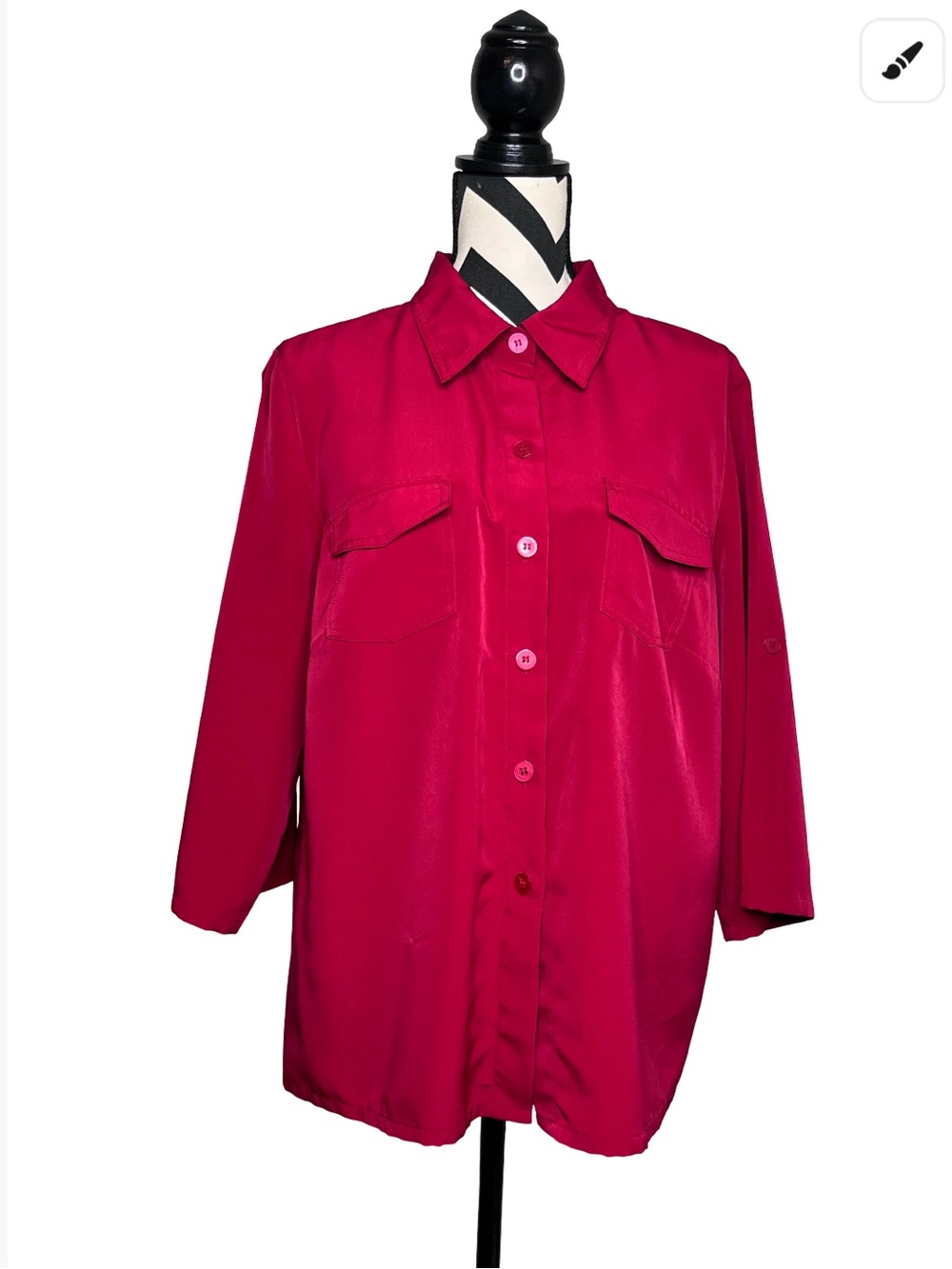 Susan Graver Peachskin Red Utility Roll-Tab Sleeve Button Front Top Sz L